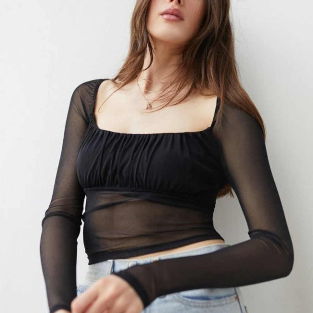 Urban Outfitters Long Sleeve Black Sheer Top Sz L